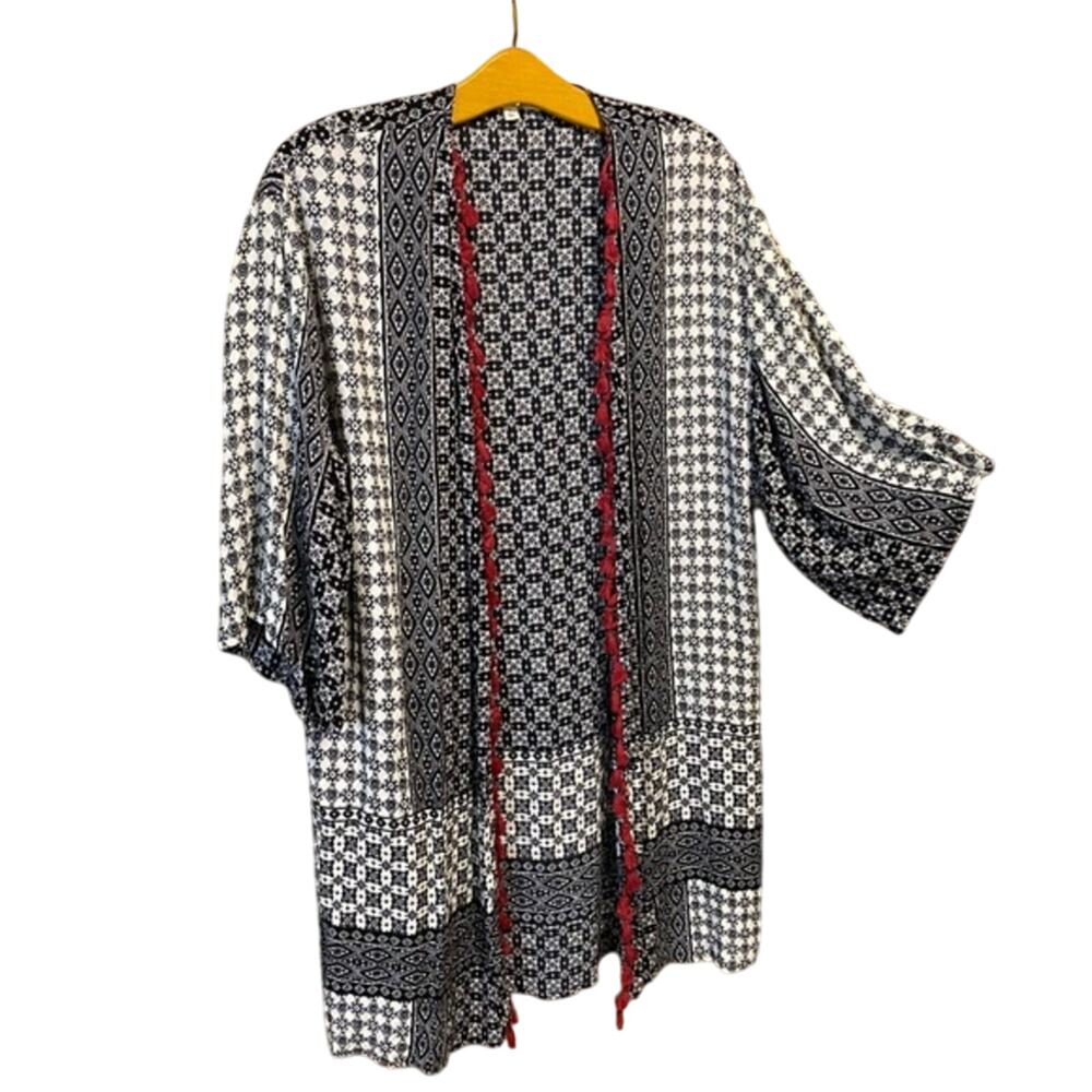 living doll size medium Black White tile Pattern Kimono Red tassel trim boho